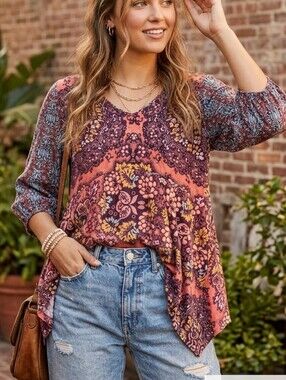 Maeve by Anthropologie Floral & Mandala Print Balloon Sleeve Tunic | XSP